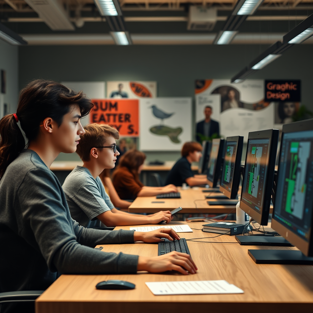 Estudiantes de diseño gráfico trabajando en computadoras con software Adobe Suite y Figma en aula moderna de Ancestoriallyvpc