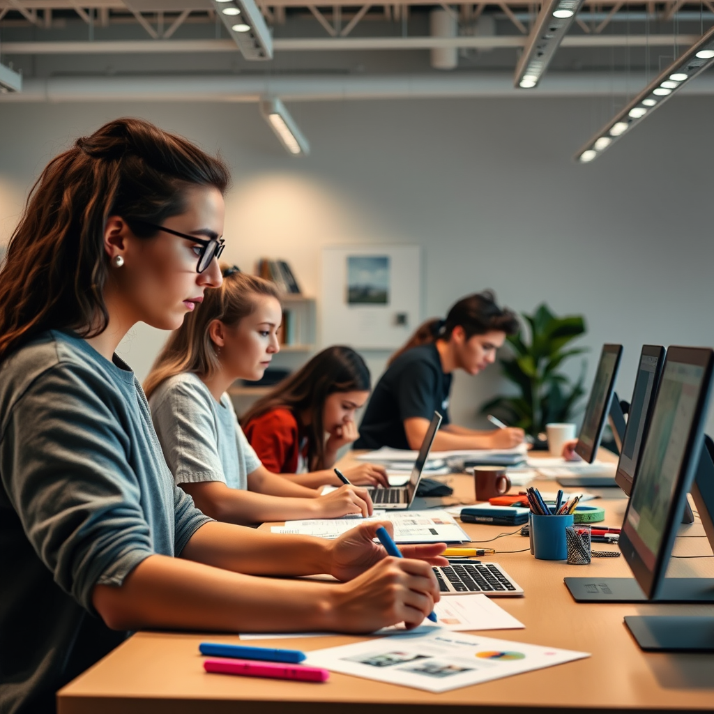 Estudiantes de diseño gráfico trabajando en proyectos creativos con herramientas digitales en aula moderna de Ancestoriallyvpc