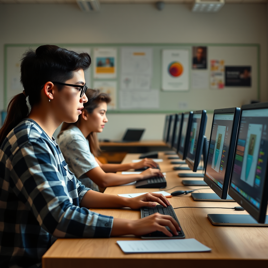 Estudiantes argentinos trabajando en computadoras con software de diseño gráfico moderno, mostrando la evolución de la educación tradicional a digital en un aula contemporánea