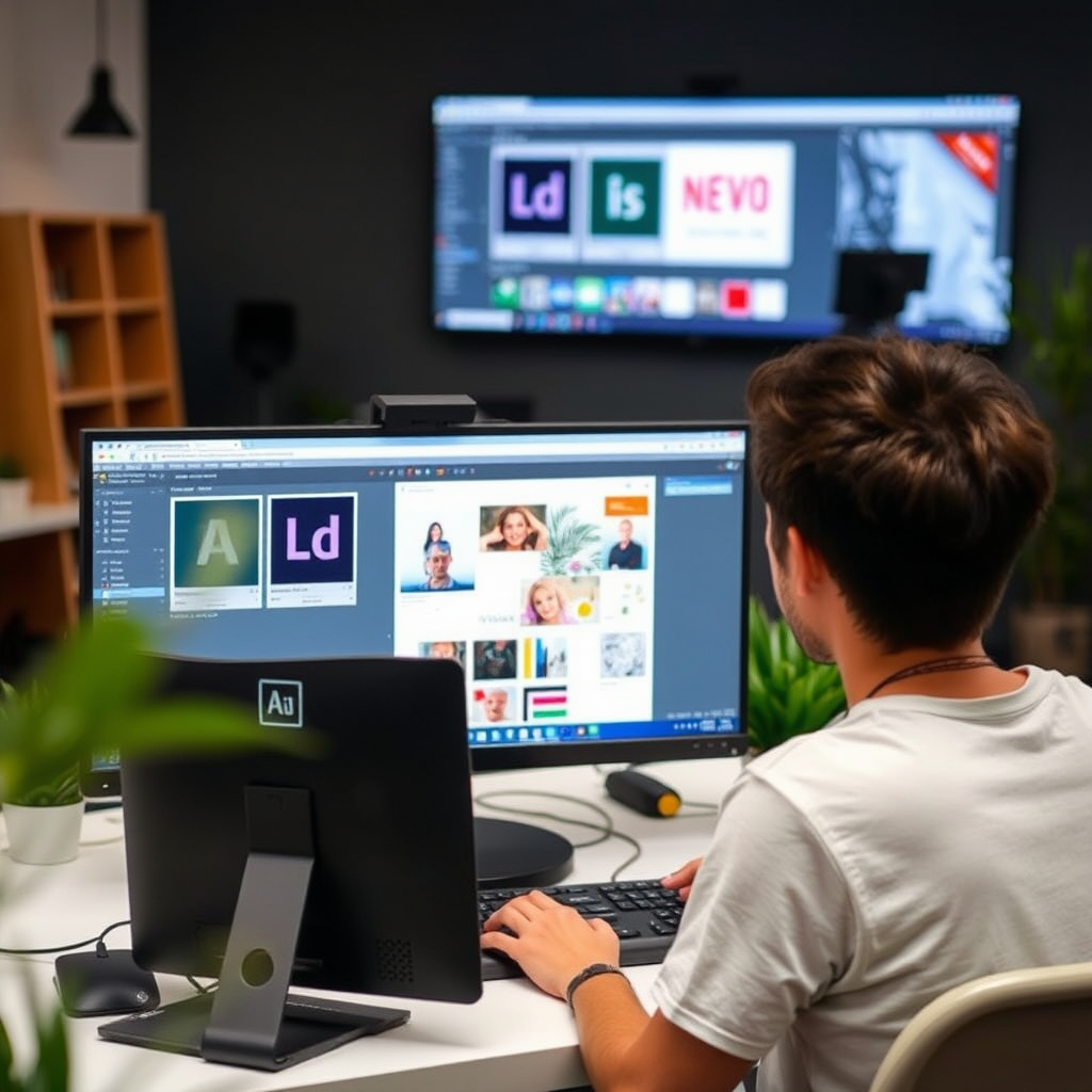 Estudiante de diseño trabajando en Adobe Creative Suite en una computadora moderna, con las interfaces de Photoshop, Illustrator e InDesign visibles en pantalla, en un ambiente de estudio creativo en Rosario