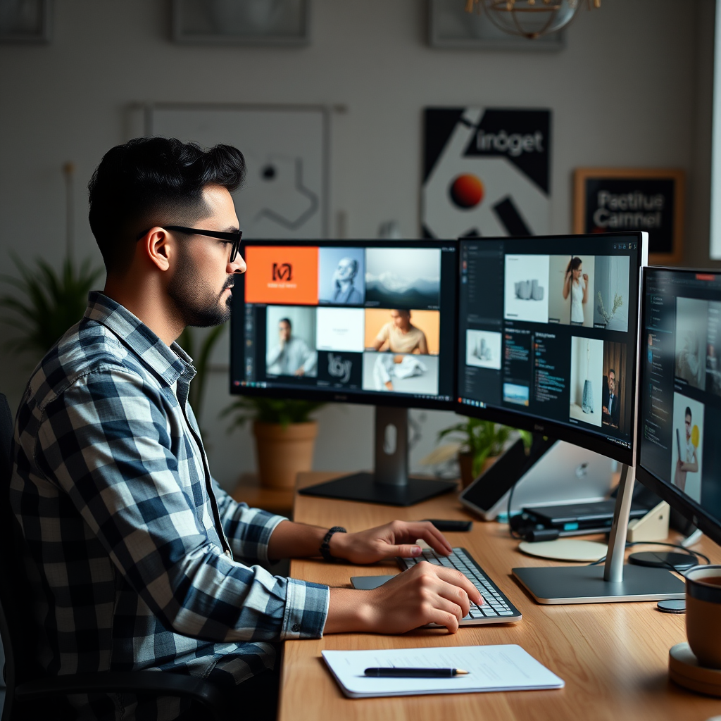 Diseñador gráfico argentino trabajando en su portafolio digital en una oficina moderna de Buenos Aires, con múltiples pantallas mostrando diversos proyectos creativos y herramientas de diseño