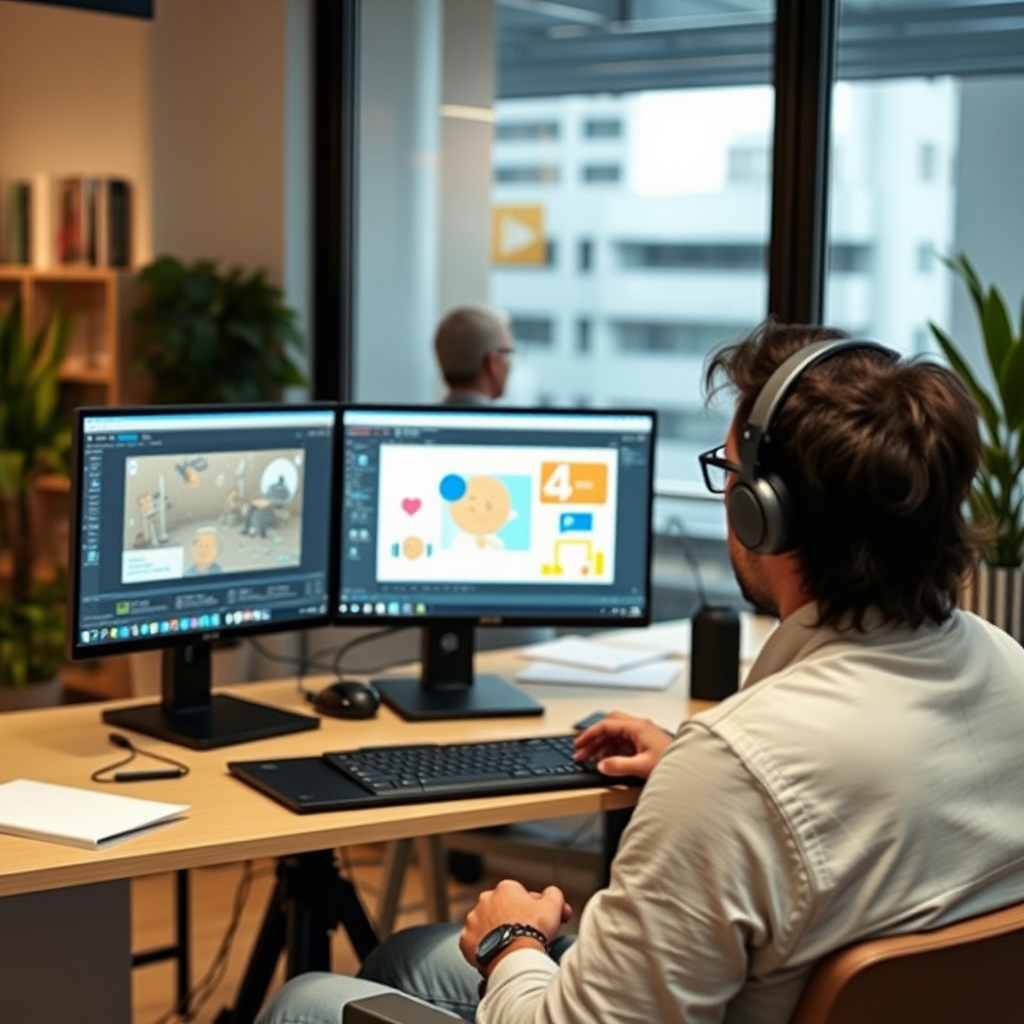 Diseñador argentino trabajando en motion graphics con software de animación en una oficina moderna de Buenos Aires, mostrando gráficos animados en pantalla