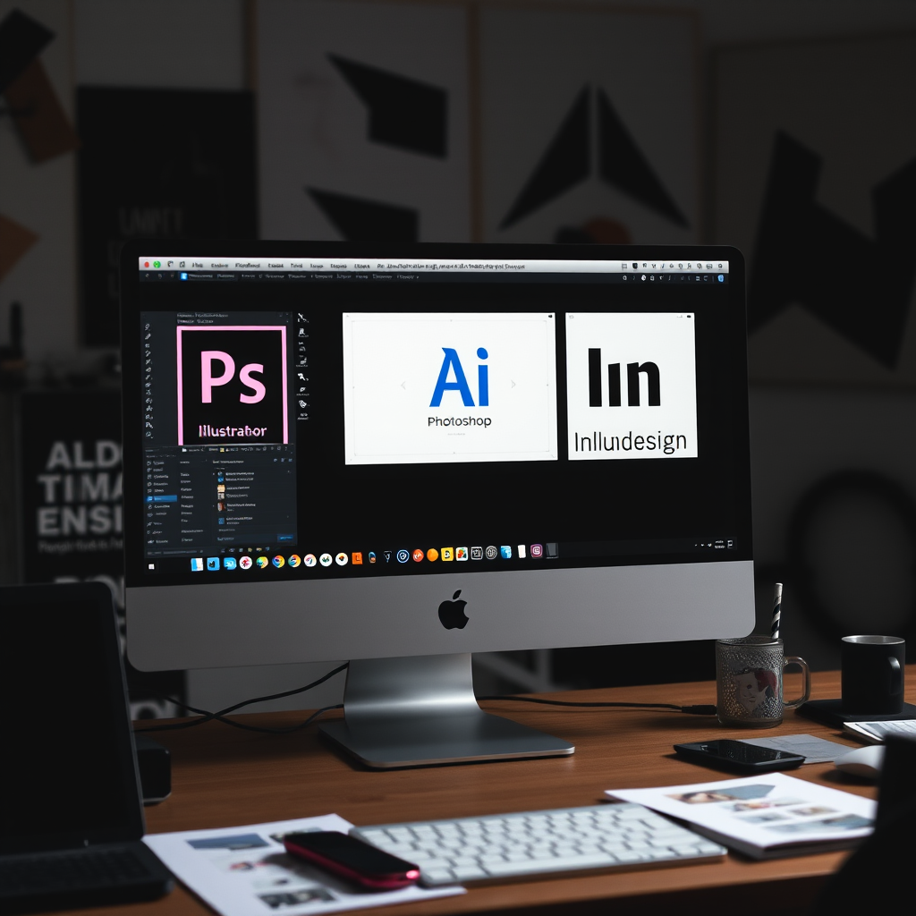Pantalla de computadora mostrando Adobe Photoshop, Illustrator e InDesign abiertos simultáneamente, con proyectos de diseño argentinos en proceso en un estudio de Rosario