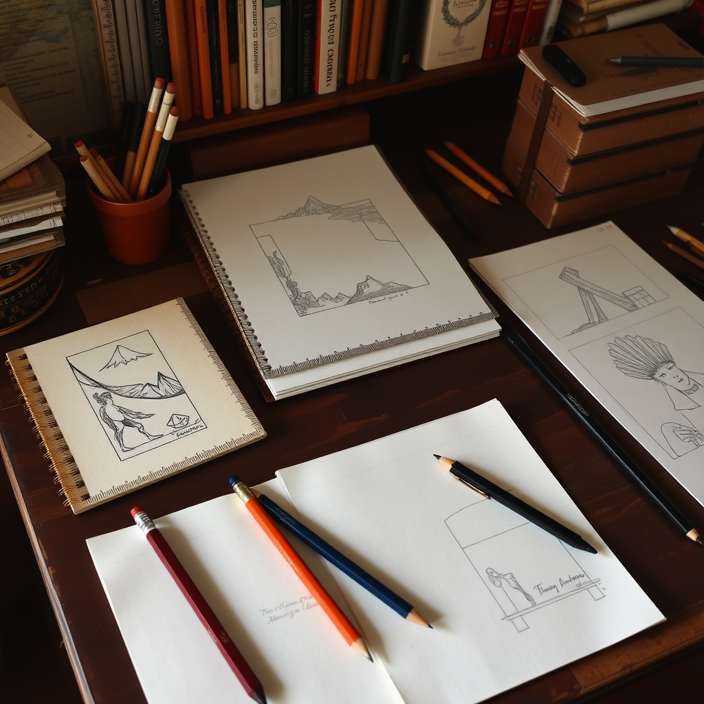 Mesa de trabajo tradicional con herramientas de diseño gráfico analógico, reglas, lápices, y bocetos en papel en una escuela argentina