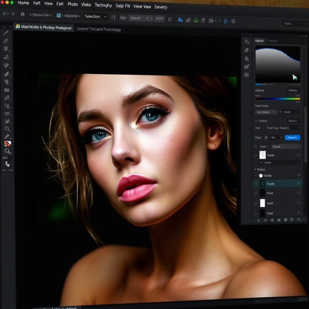Pantalla de Adobe Photoshop mostrando técnicas avanzadas de retoque fotográfico y manipulación de imágenes, con herramientas de selección y capas visibles