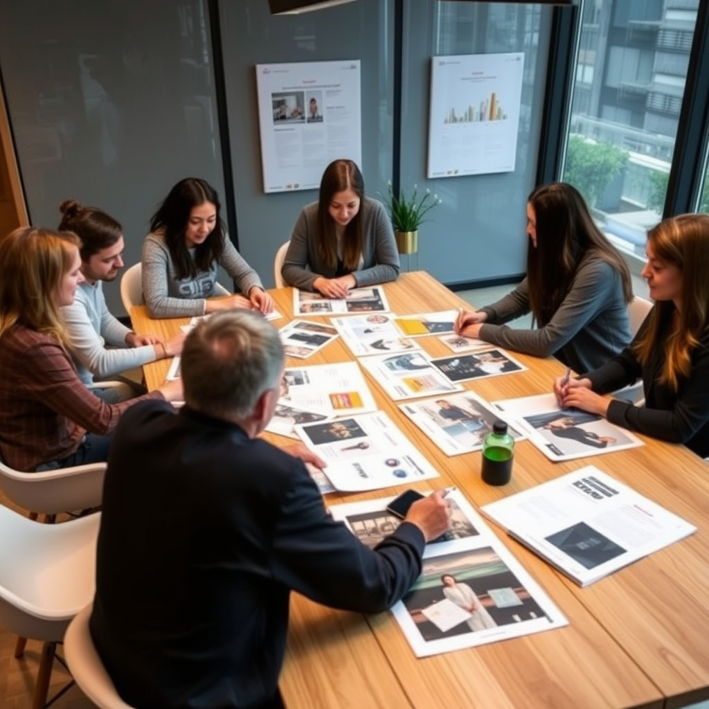 Equipo creativo de una agencia de diseño en Buenos Aires durante una reunión para revisar portafolios de candidatos, con proyectos desplegados sobre una mesa moderna