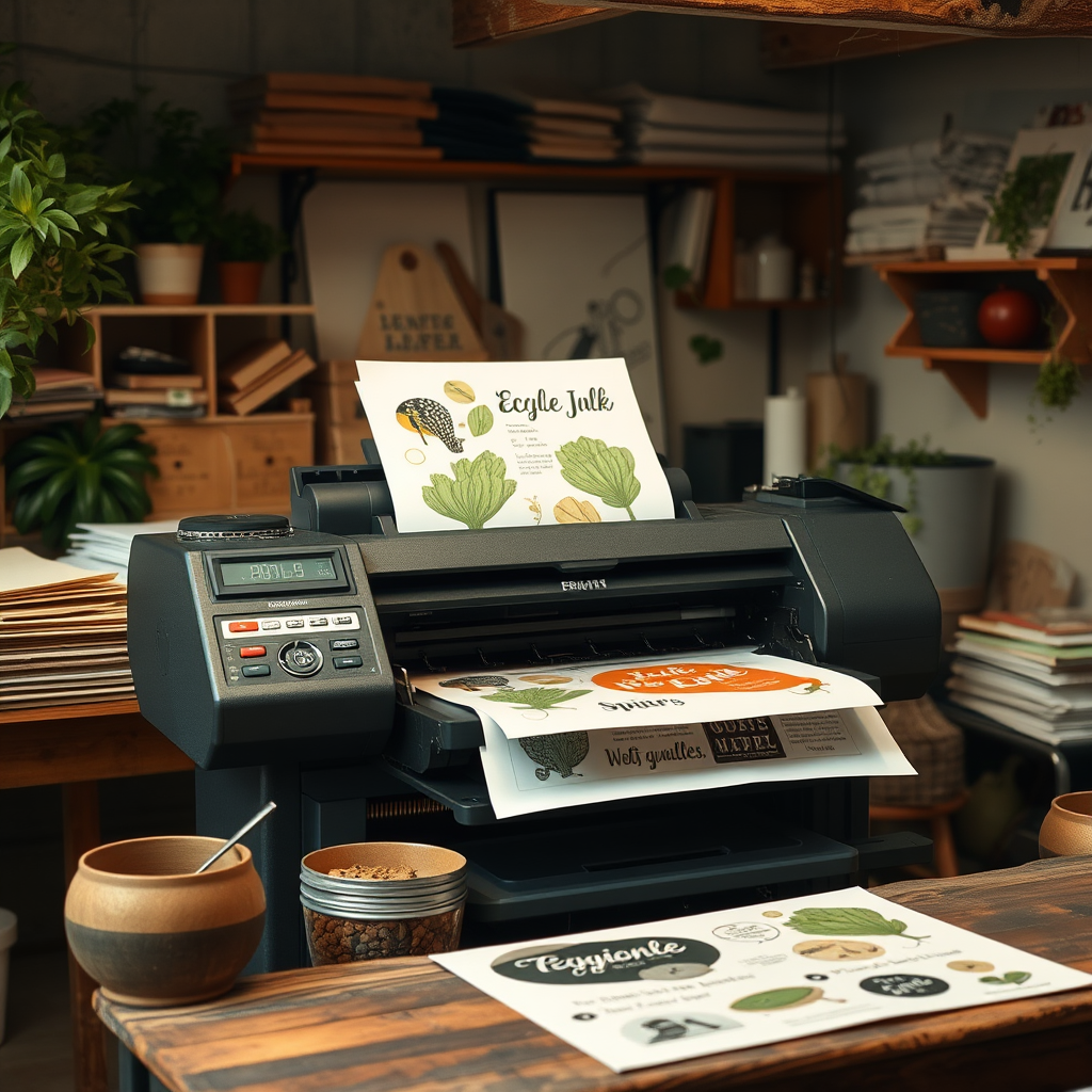 Impresora ecológica utilizando tintas vegetales y papeles reciclados en un taller de diseño gráfico sustentable