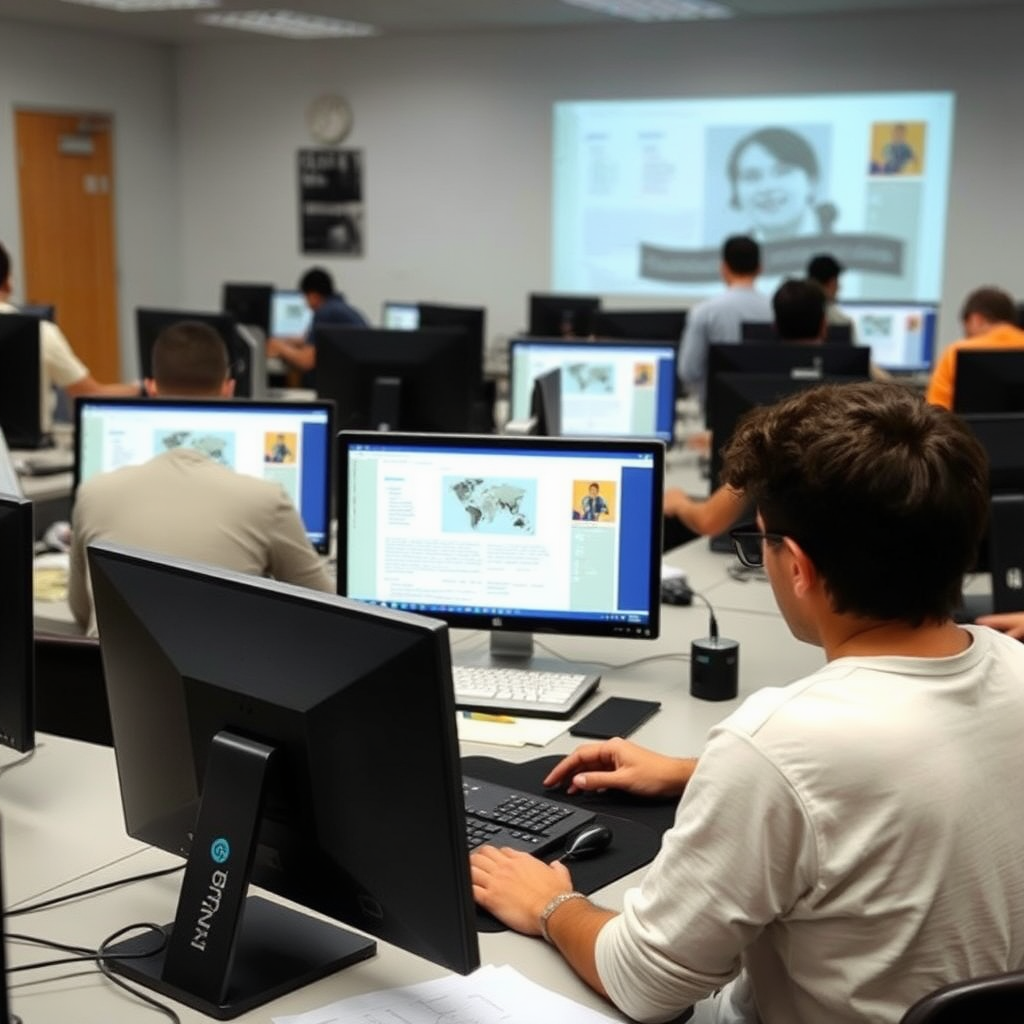 Estudiantes de diseño gráfico trabajando en computadoras modernas en un aula universitaria argentina, mostrando la transición de métodos tradicionales a digitales