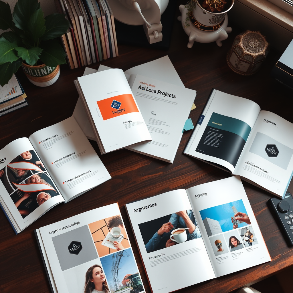 Mesa de trabajo con múltiples portfolios de diseño impresos y digitales abiertos, mostrando proyectos creativos argentinos con logos, branding y diseños web