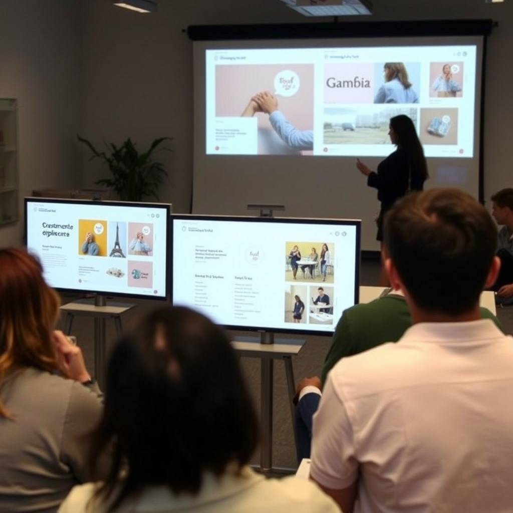 Estudiantes argentinos presentando proyectos de branding y identidad visual digital en una presentación grupal con pantallas y prototipos