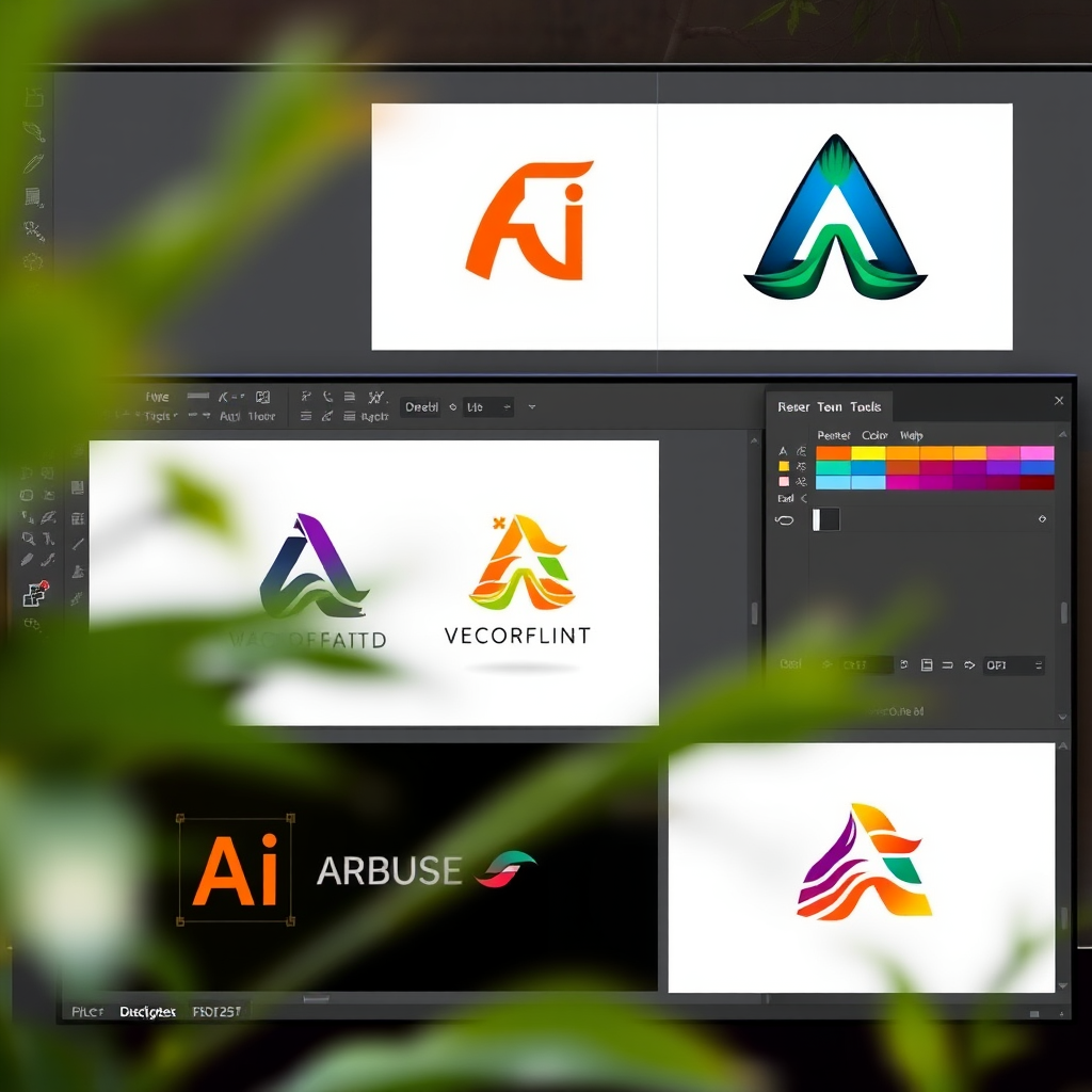 Workspace de Adobe Illustrator mostrando la creación de logotipos vectoriales y diseños de identidad visual, con herramientas de bezier y paletas de colores visibles
