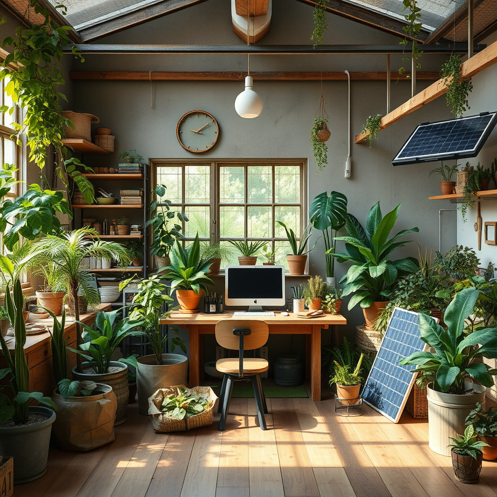 Estudio de diseño sustentable con plantas, materiales reciclados y paneles solares, mostrando un ambiente de trabajo ecológico
