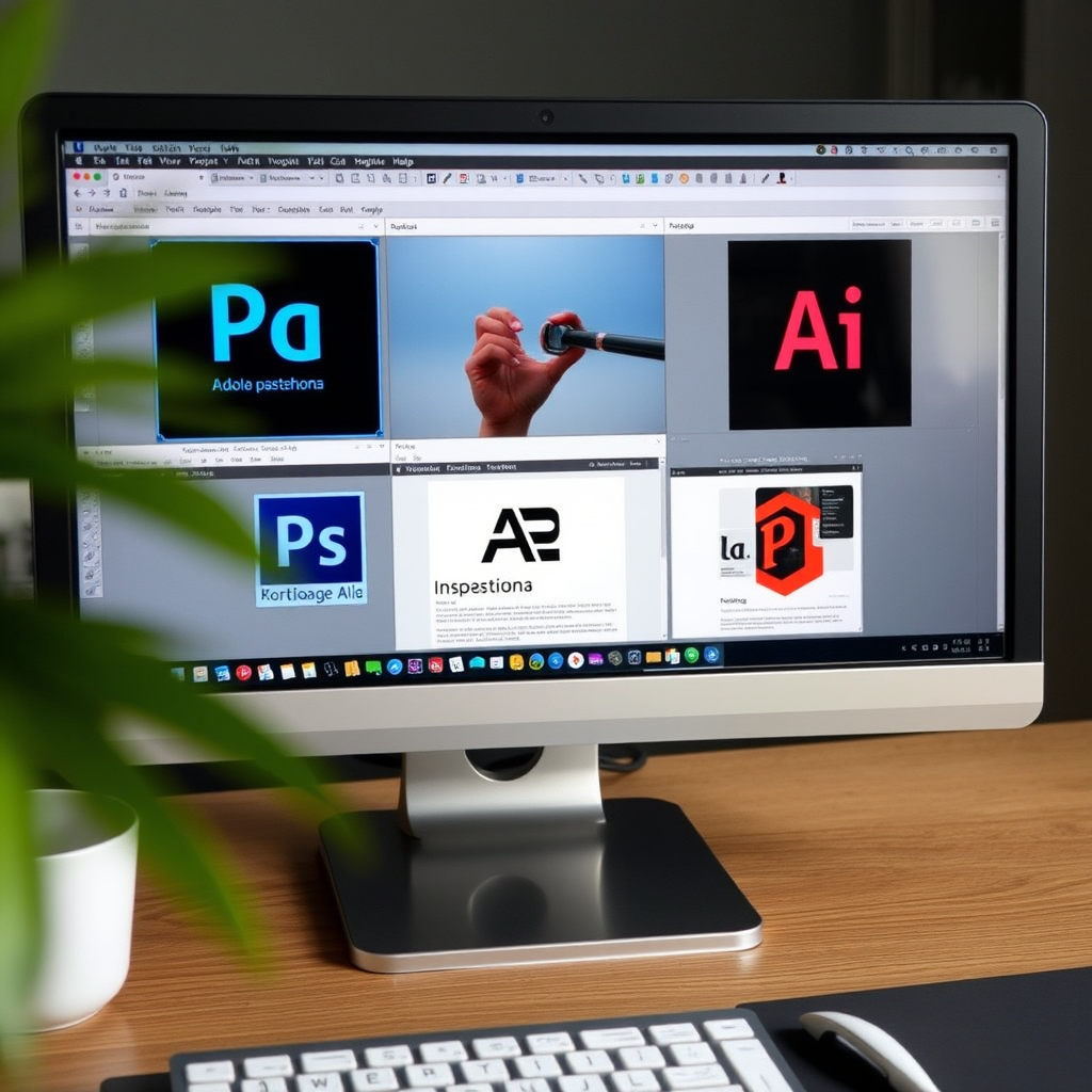 Pantalla de computadora mostrando Adobe Photoshop, Illustrator e InDesign abiertos simultáneamente con proyectos de diseño argentinos en proceso