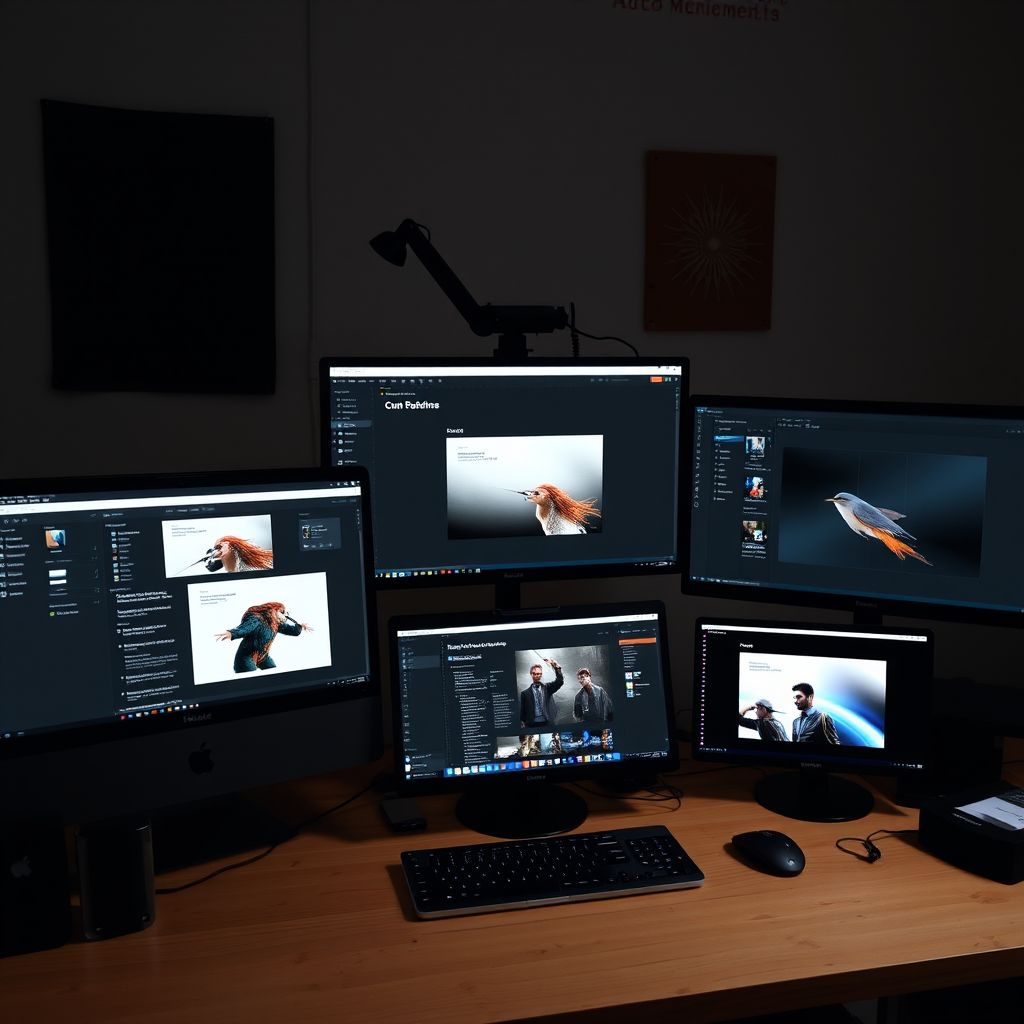 Espacio de trabajo de un diseñador gráfico argentino con múltiples herramientas digitales abiertas en pantalla, incluyendo Adobe Creative Suite y Figma, mostrando proyectos en desarrollo