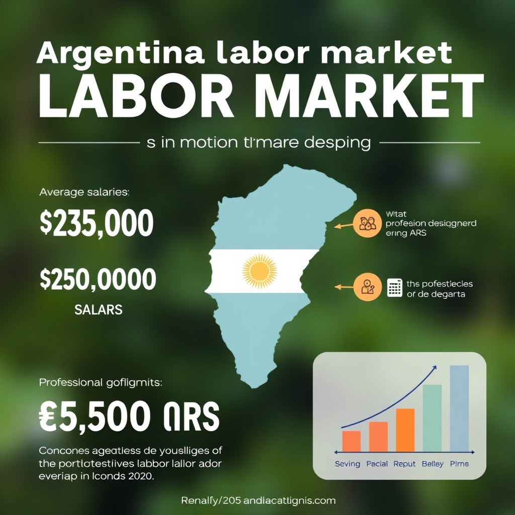 Infografía del mercado laboral argentino para motion designers, mostrando salarios promedio de 250.000 ARS y oportunidades de crecimiento profesional