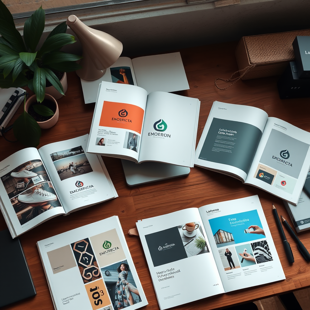 Mesa de trabajo con múltiples portfolios de diseño gráfico abiertos, mostrando proyectos creativos argentinos con logos, branding y diseños web