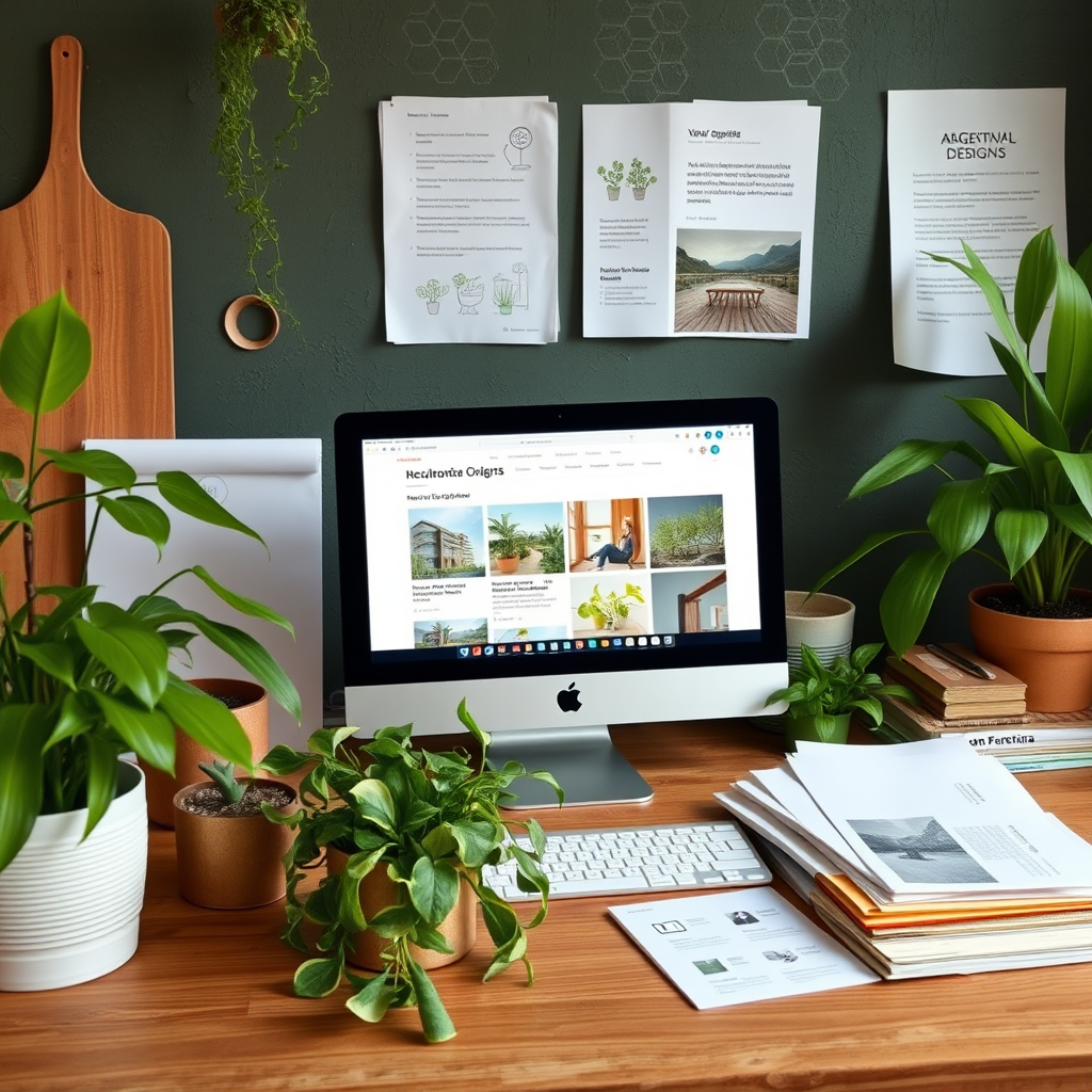 Espacio de trabajo eco-friendly con materiales de diseño sustentables, plantas verdes, papeles reciclados y computadora mostrando proyectos de diseño ecológico argentino