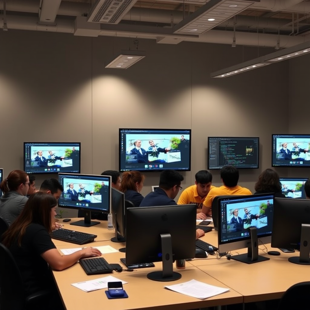 Grupo de estudiantes de diseño gráfico trabajando colaborativamente en proyectos de Adobe Creative Suite en un aula moderna en Rosario, con múltiples pantallas mostrando diferentes aplicaciones