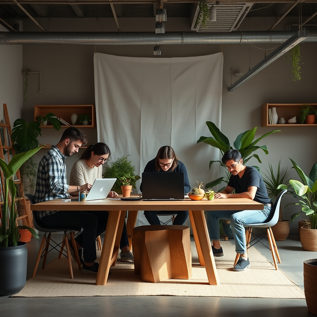 Equipo de diseñadores argentinos colaborando en un proyecto de diseño sustentable, utilizando tecnología moderna y materiales eco-friendly en un estudio creativo contemporáneo